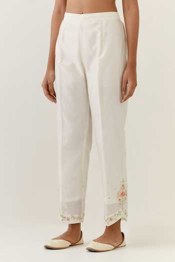 Anantaa By Roohi_Off White Silk, Chanderi Embroidery Split V-neck Kurta And Palazzo Set _Online_at_Aza_Fashions