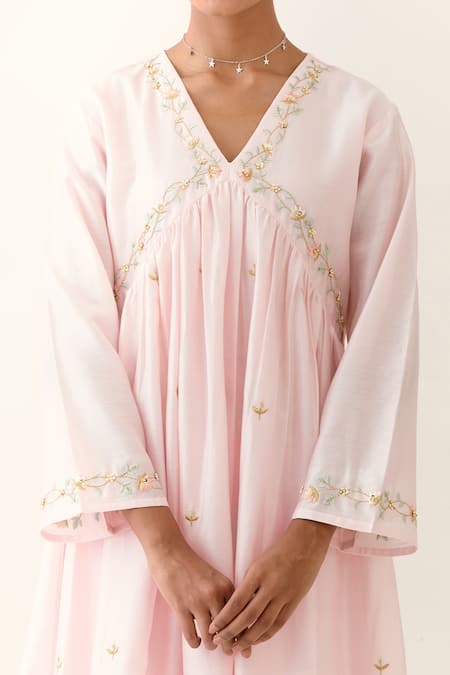 Shop_Anantaa By Roohi_Pink Silk, Chanderi Embroidery V-neck Gathered Kurta And Palazzo Set _Online_at_Aza_Fashions