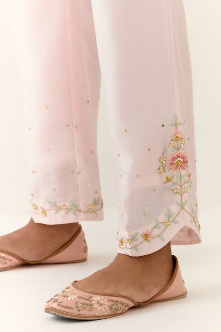 Buy_Anantaa By Roohi_Pink Silk, Chanderi Embroidery V-neck Gathered Kurta And Palazzo Set 