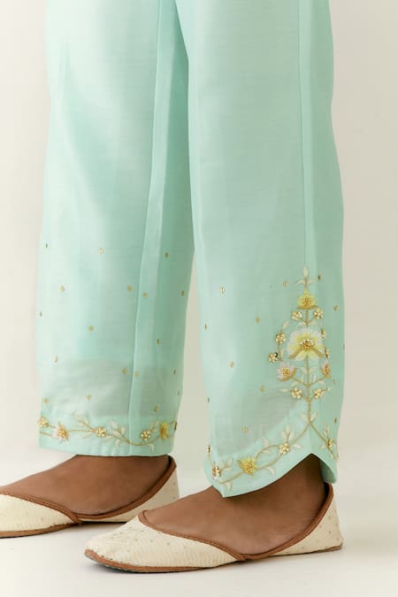 Buy_Anantaa By Roohi_Blue Silk, Chanderi, Chiffon Sequins, Embroidery V-neck Hand Palazzo Pant Set _Online_at_Aza_Fashions