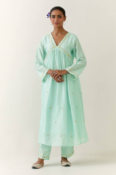 Shop_Anantaa By Roohi_Blue Silk, Chanderi, Chiffon Sequins, Embroidery V-neck Hand Palazzo Pant Set _Online_at_Aza_Fashions