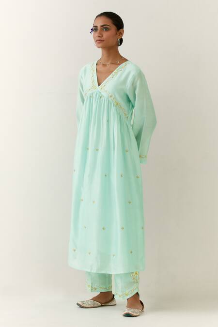 Anantaa By Roohi_Blue Silk, Chanderi, Chiffon Sequins, Embroidery V-neck Hand Palazzo Pant Set _at_Aza_Fashions