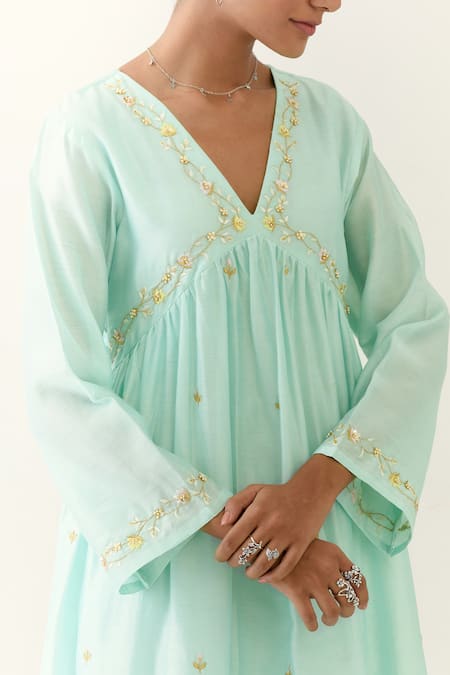 Shop_Anantaa By Roohi_Blue Silk, Chanderi, Chiffon Sequins, Embroidery V-neck Hand Palazzo Pant Set 