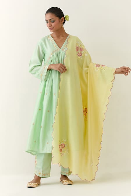 Shop_Anantaa By Roohi_Yellow Silk, Chanderi Sequins, Embroidery Floral Dupatta _at_Aza_Fashions