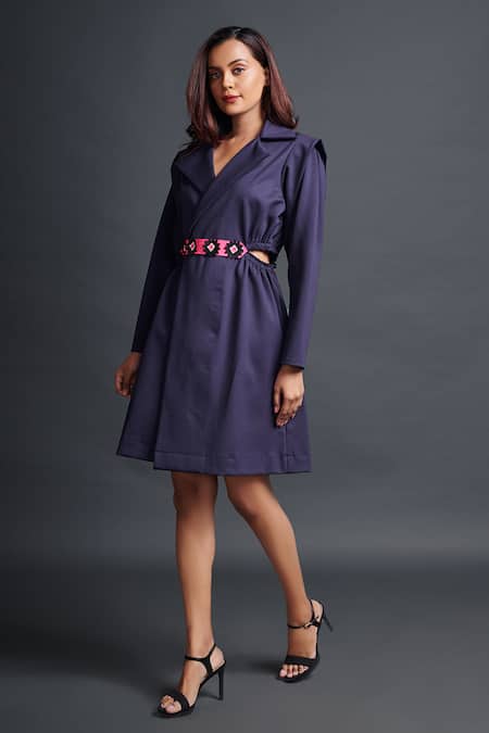 Buy_Deepika Arora_Purple Polyester Applique, Fabric Flowers Collared Jacket Dress With Belt_Online_at_Aza_Fashions