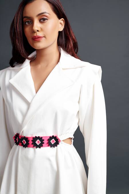 Deepika Arora_White Polyester Applique, Fabric Flowers Collared Jacket Dress With Floral Belt_Online_at_Aza_Fashions