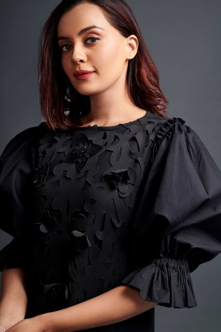 Deepika Arora_Black Polyester Embroidery Round Neck Hand Dress_Online_at_Aza_Fashions