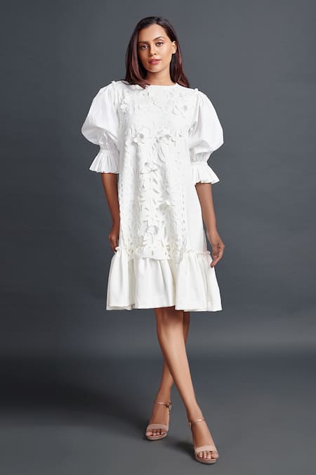 Deepika Arora White Ponte Roma Hand Embroidery Floral Cut-work Round Neck Puff Sleeve Dress 