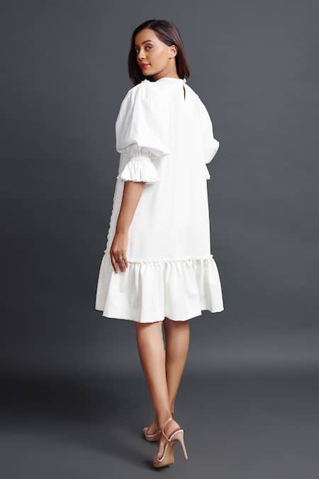 Shop Deepika Arora White Polyester Embroidery Round Neck Puff Sleeve Hand Dress at Aza Fashions Shop_Deepika Arora_White Polyester Embroidery Round Neck Puff Sleeve Hand Dress_at_Aza_Fashions