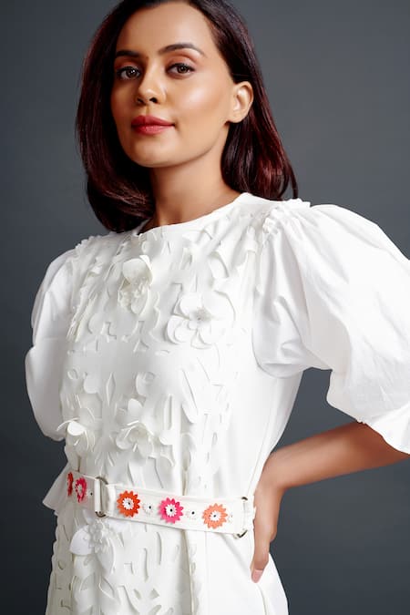 Deepika Arora White Polyester Embroidery Round Neck Puff Sleeve Hand Dress Online at Aza Fashions Deepika Arora_White Polyester Embroidery Round Neck Puff Sleeve Hand Dress_Online_at_Aza_Fashions
