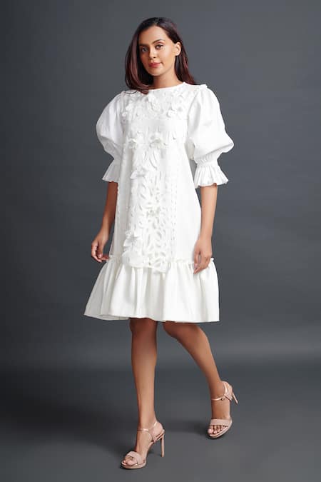 White Puff Sleeve Puffball Hem Shift Dress | PrettyLittleThing