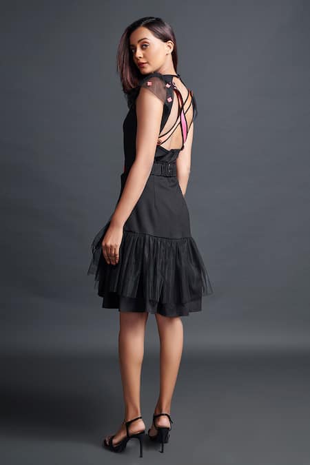 Shop Deepika Arora Black Polyester Embroidery Round Contrast Criss-cross Back Bodysuit With Skirt at Aza Fashions Shop_Deepika Arora_Black Polyester Embroidery Round Contrast Criss-cross Back Bodysuit With Skirt_at_Aza_Fashions