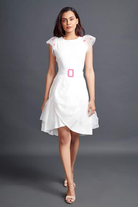 Deepika Arora White Ponte Roma Embroidered Sleeves Bodysuit With Asymmetric Frill Skirt 