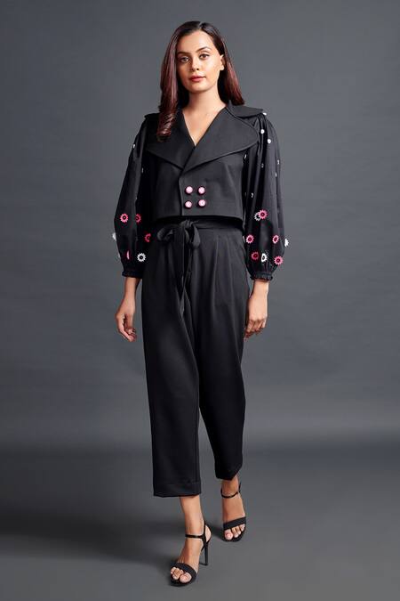 Deepika Arora_Black Polyester Embroidery Collared Placement Floral Applique Jacket With Pant_Online_at_Aza_Fashions
