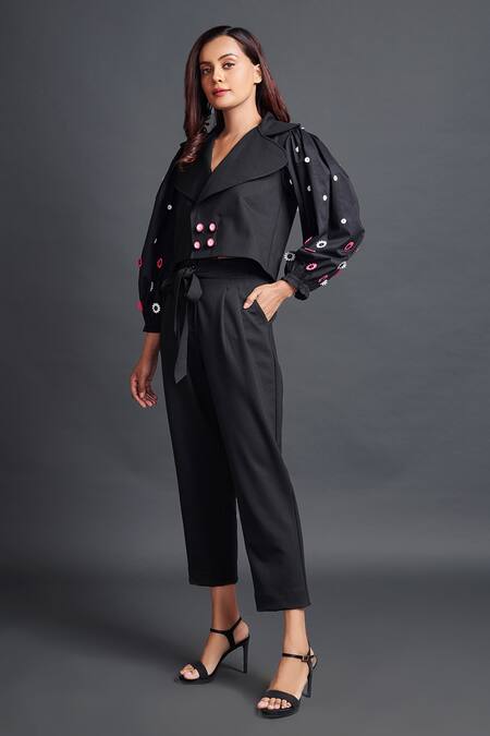 Buy_Deepika Arora_Black Polyester Embroidery Collared Placement Floral Applique Jacket With Pant_Online_at_Aza_Fashions