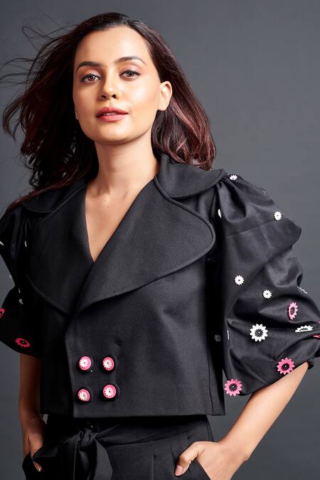 Shop_Deepika Arora_Black Polyester Embroidery Collared Placement Floral Applique Jacket With Pant_Online_at_Aza_Fashions