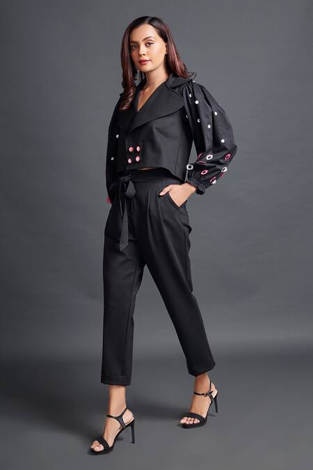 Deepika Arora_Black Polyester Embroidery Collared Placement Floral Applique Jacket With Pant_at_Aza_Fashions