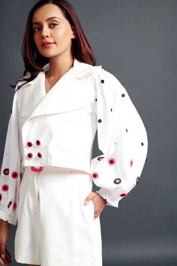Deepika Arora_White Polyester Embroidery Collared Placement Floral Applique Jacket With Shorts_Online_at_Aza_Fashions
