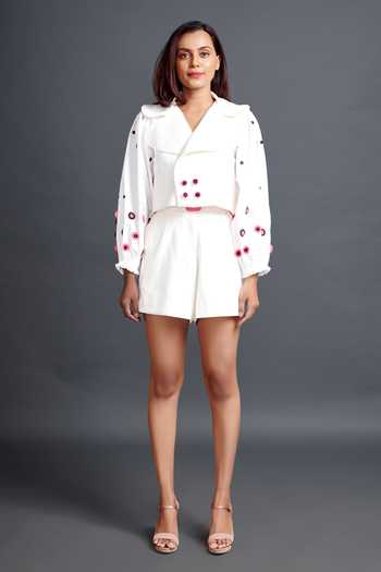 Buy_Deepika Arora_White Polyester Embroidery Collared Placement Floral Applique Jacket With Shorts_Online_at_Aza_Fashions