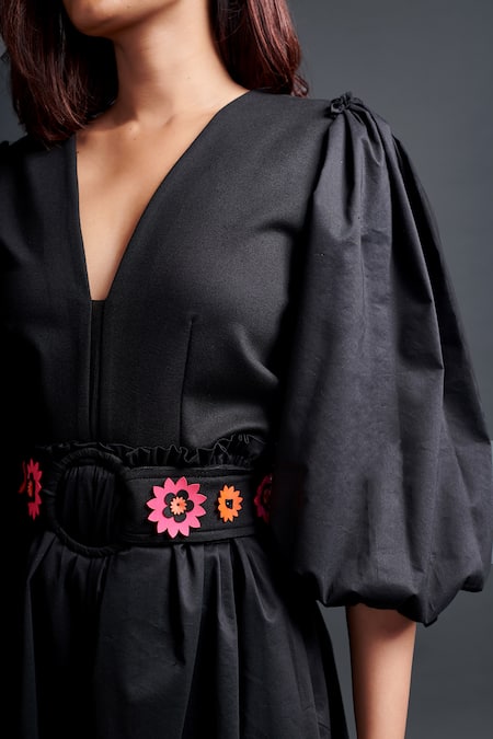 Deepika Arora_Black Polyester Fabric Flowers, Embroidery V-neck Monochrome Jumpsuit With Belt_Online_at_Aza_Fashions