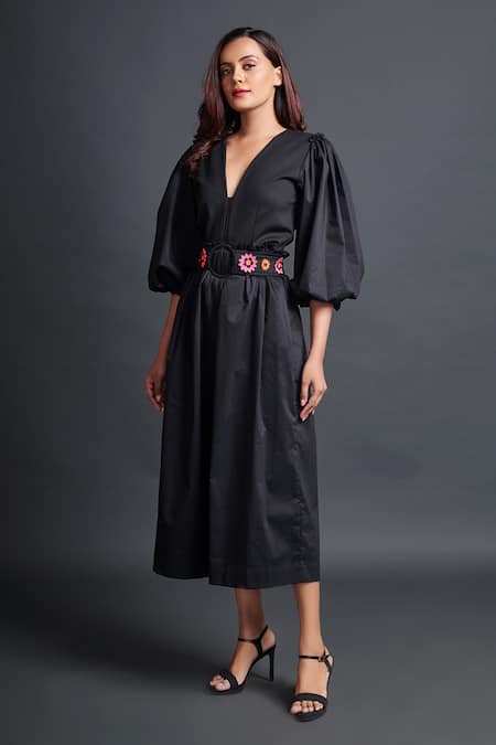 Buy_Deepika Arora_Black Polyester Fabric Flowers, Embroidery V-neck Monochrome Jumpsuit With Belt_Online_at_Aza_Fashions