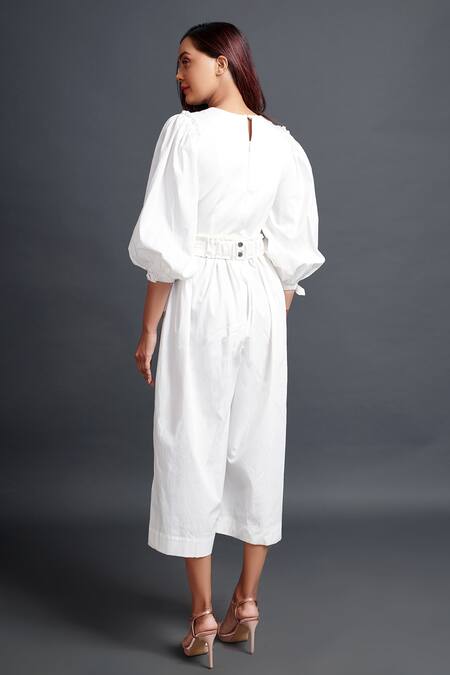 Shop_Deepika Arora_White Polyester Fabric Flowers V-neck Monochrome Puff Sleeve Jumpsuit With Belt _at_Aza_Fashions