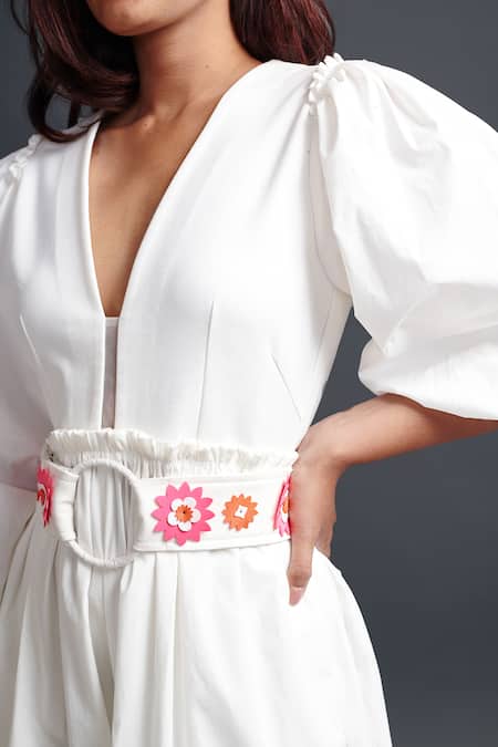Deepika Arora_White Polyester Fabric Flowers V-neck Monochrome Puff Sleeve Jumpsuit With Belt _Online_at_Aza_Fashions
