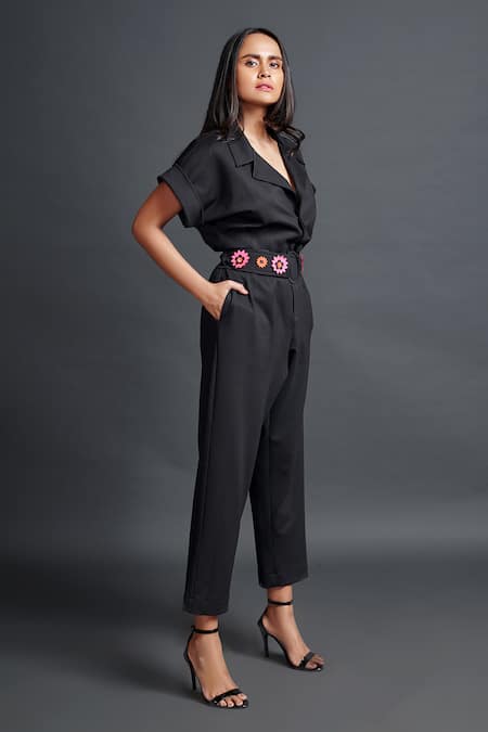 Buy_Deepika Arora_Black Polyester Fabric Flowers Collared Lapel Jumpsuit With Belt_Online_at_Aza_Fashions