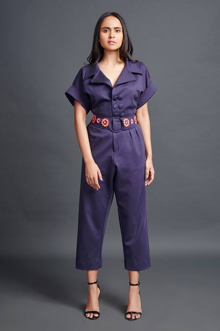 Shop_Deepika Arora_Purple Polyester Applique, Fabric Flowers Monochrome Lapel Jumpsuit With Belt_Online_at_Aza_Fashions