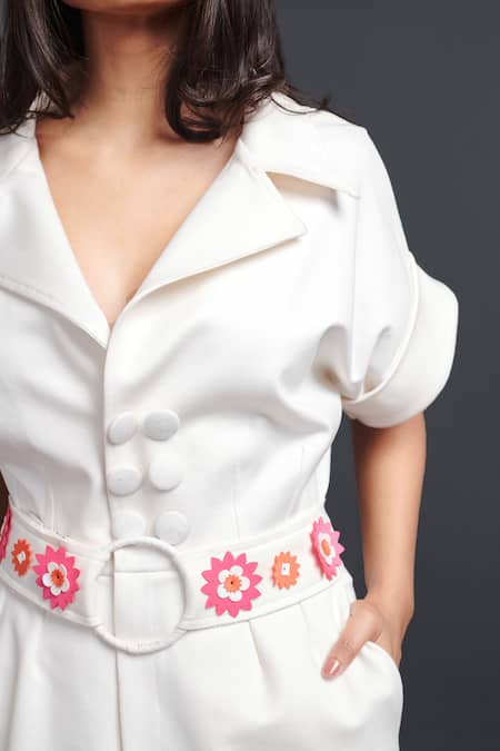 Deepika Arora White Polyester Fabric Flowers Collared Lapel Monochrome Jumpsuit With Belt Online at Aza Fashions Deepika Arora_White Polyester Fabric Flowers Collared Lapel Monochrome Jumpsuit With Belt_Online_at_Aza_Fashions