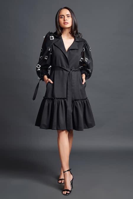 Deepika Arora Black Net Placement Embroidery Floral Confetti Lapel Collar Sleeve Dress 