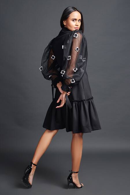 Shop Deepika Arora Black Net Embroidery Collared Floral Confetti Sleeve Dress at Aza Fashions Shop_Deepika Arora_Black Net Embroidery Collared Floral Confetti Sleeve Dress_at_Aza_Fashions