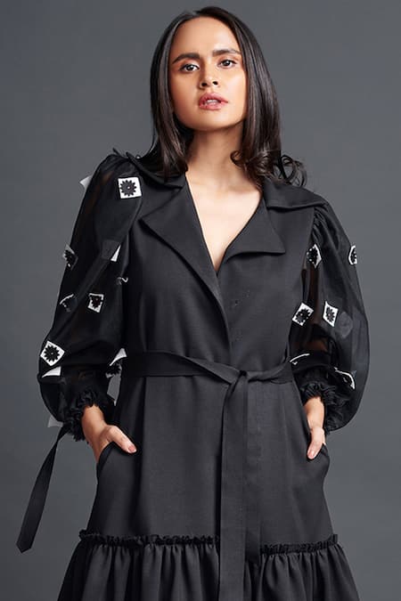 Deepika Arora Black Net Embroidery Collared Floral Confetti Sleeve Dress Online at Aza Fashions Deepika Arora_Black Net Embroidery Collared Floral Confetti Sleeve Dress_Online_at_Aza_Fashions