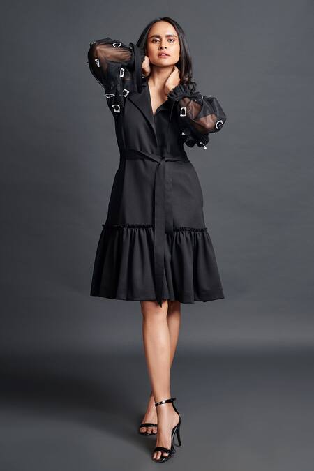 Buy Deepika Arora Black Net Embroidery Collared Floral Confetti Sleeve Dress Online at Aza Fashions Buy_Deepika Arora_Black Net Embroidery Collared Floral Confetti Sleeve Dress_Online_at_Aza_Fashions