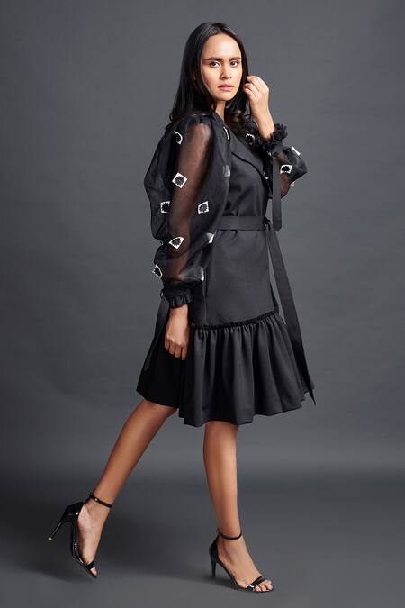 Shop Deepika Arora Black Net Embroidery Collared Floral Confetti Sleeve Dress Online at Aza Fashions Shop_Deepika Arora_Black Net Embroidery Collared Floral Confetti Sleeve Dress_Online_at_Aza_Fashions