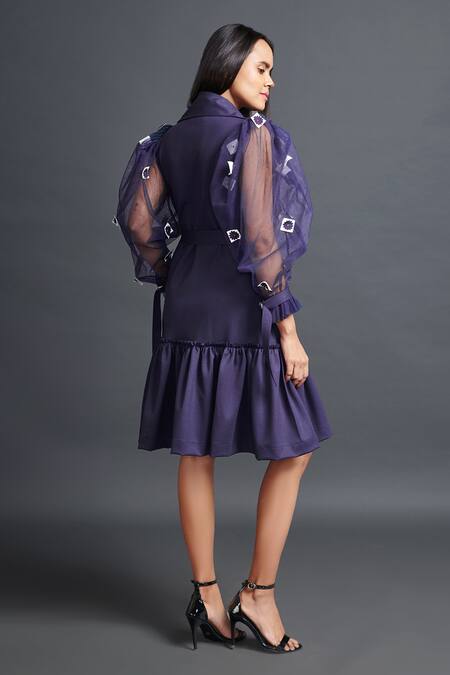 Shop Deepika Arora Purple Net Embroidery Collared Flower Confetti Sleeve Dress at Aza Fashions Shop_Deepika Arora_Purple Net Embroidery Collared Flower Confetti Sleeve Dress_at_Aza_Fashions