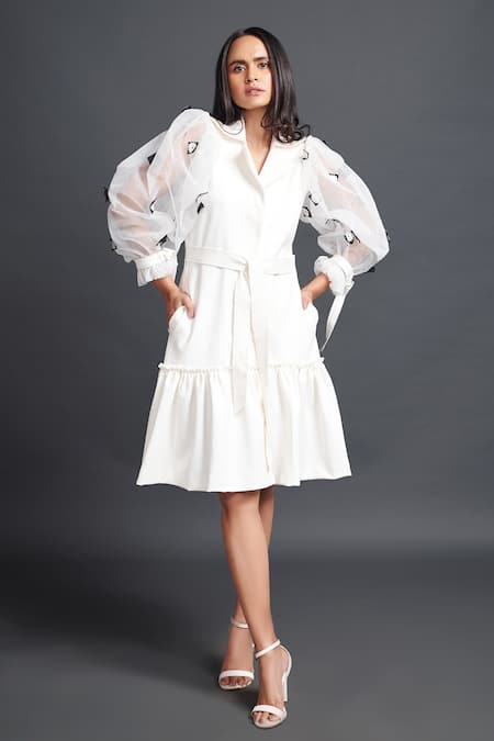 Deepika Arora White Net Placement Embroidery Floral Confetti Lapel Collar Sleeve Dress 