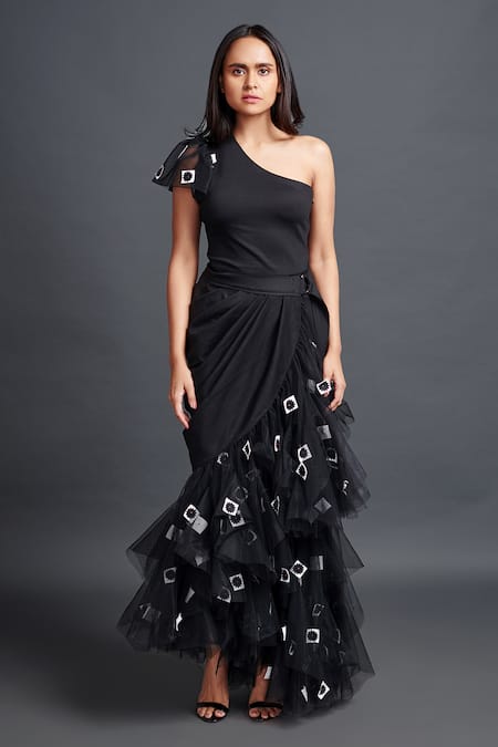 Deepika Arora Black Net Embroidery Asymmetric One Shoulder Bodysuit With Frilled Skirt Online at Aza Fashions Deepika Arora_Black Net Embroidery Asymmetric One Shoulder Bodysuit With Frilled Skirt_Online_at_Aza_Fashions