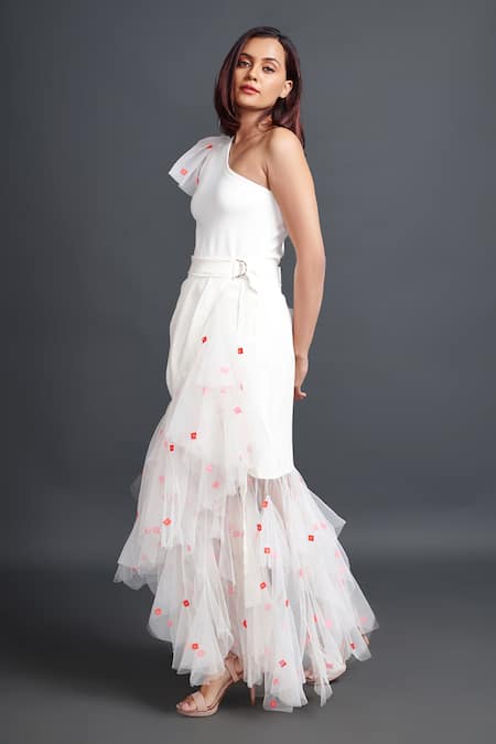 Shop_Deepika Arora_White Net Embroidery, Fabric Flowers Asymmetric Bodysuit With Frilled Skirt_Online_at_Aza_Fashions