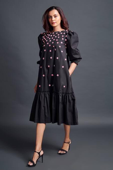 Deepika Arora Black Cotton Embroidery Boat Neck Dress Online at Aza Fashions Deepika Arora_Black Cotton Embroidery Boat Neck Dress_Online_at_Aza_Fashions