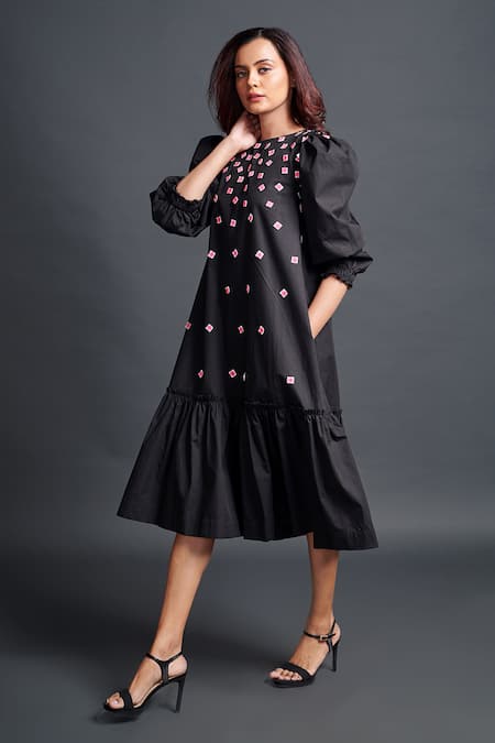 Shop Deepika Arora Black Cotton Embroidery Boat Neck Dress Online at Aza Fashions Shop_Deepika Arora_Black Cotton Embroidery Boat Neck Dress_Online_at_Aza_Fashions