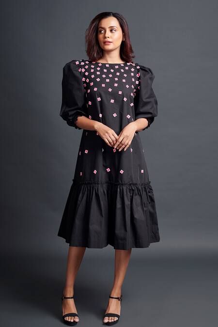 Deepika Arora Black Cotton Embroidery Boat Neck Dress at Aza Fashions Deepika Arora_Black Cotton Embroidery Boat Neck Dress_at_Aza_Fashions