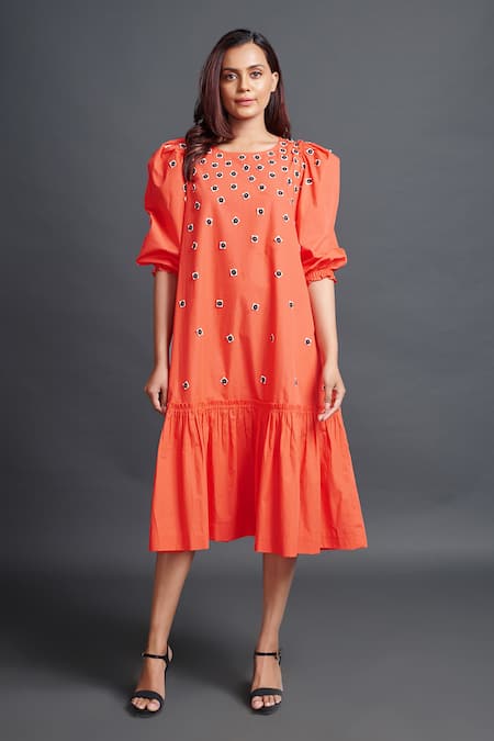 Deepika Arora Orange 100% Cotton Embroidery Geometric Applique Boat Neck Dress 