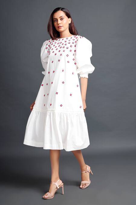 Buy_Deepika Arora_White Cotton Embroidery Boat Neck Geometric Applique Dress_Online_at_Aza_Fashions