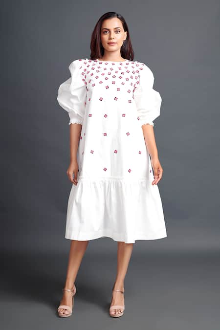 Shop_Deepika Arora_White Cotton Embroidery Boat Neck Geometric Applique Dress_Online_at_Aza_Fashions