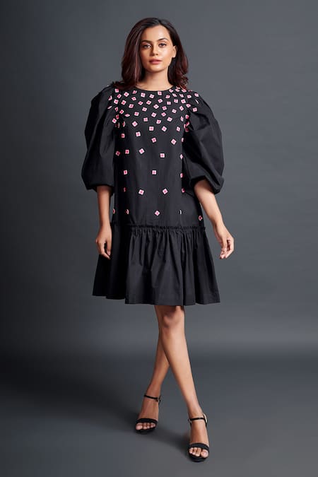 Deepika Arora Black 100% Cotton Embroidery Geometric Applique Boat Neck Short Dress 