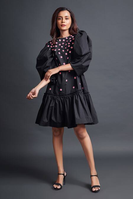 Deepika Arora_Black Cotton Applique Boat Neck Short Embroidered Dress_Online_at_Aza_Fashions