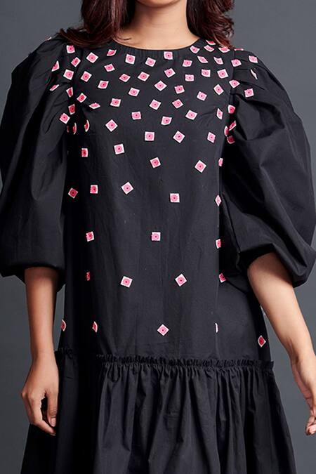 Shop_Deepika Arora_Black Cotton Applique Boat Neck Short Embroidered Dress_Online_at_Aza_Fashions