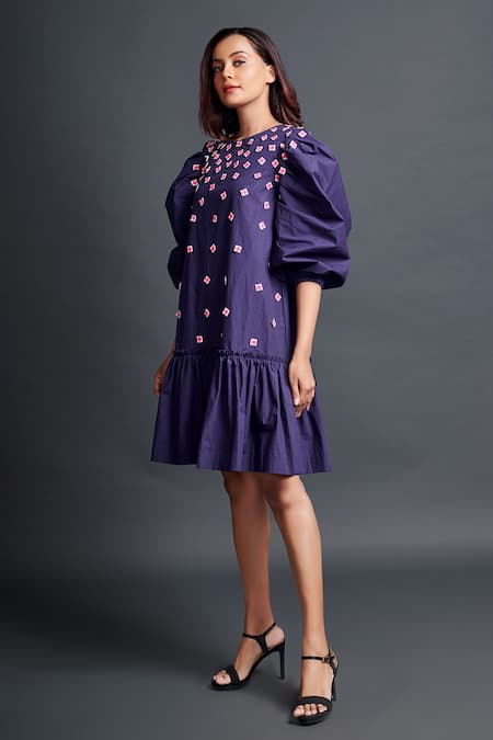 Deepika Arora_Purple Cotton Applique Boat Neck Work Dress_Online_at_Aza_Fashions