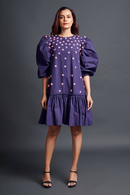 Buy_Deepika Arora_Purple Cotton Applique Boat Neck Work Dress_Online_at_Aza_Fashions